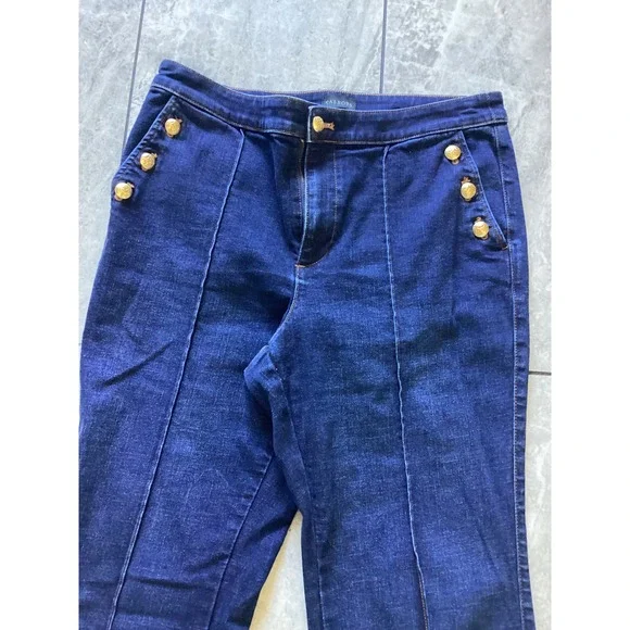 Talbots Womens 12P Dark Wash Flare Jean Sailor Button Detail - Picture 2 of 6